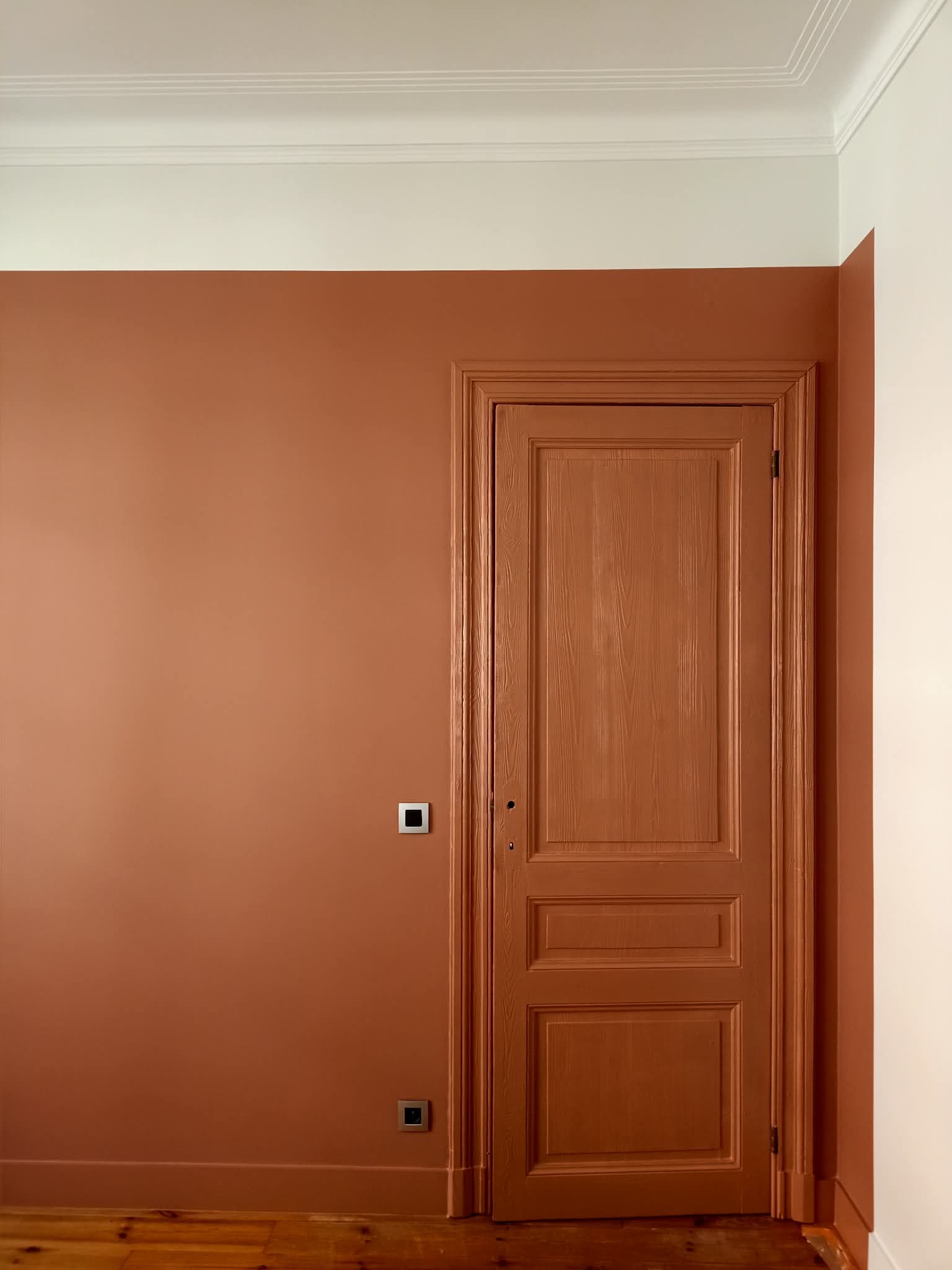 Mur et porte peints en couleur terre cuite, plafond blanc avec moulures et parquet.